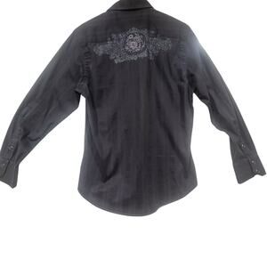7 Diamonds Large Black Pearl Snap Button Up Shirt Grey Rose Embroidery Graphic